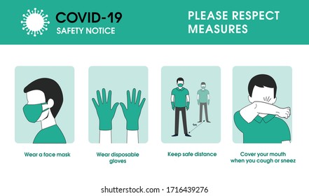 Coronavirus covid-19 safety measures. wear a face mask, wear disposable gloves and keep safe distance, cover your mouth when you cough and sneeze. Please respect the measures of coronavirus. Covid-19 