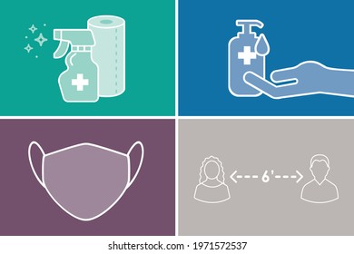 Coronavirus covid-19 safety measures. wear a face mask, keep safe distance, sanitize your hands and sanitize your surroundings vector symbols