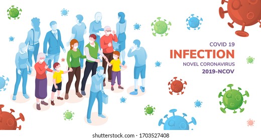 Coronavirus (Covid-19 or SARS-CoV-2 or 2019-ncov) banner infection poster. People with mask and cough near SARS cells. Novel corona virus disease. Virus protection