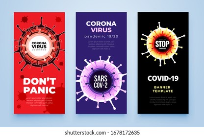 Coronavirus COVID-19 SARS-CoV-2 Social media Banner on a color background. Virus infections prevention. Deadly type of virus 2019-nCoV. Coronavirus microbe vector illustration