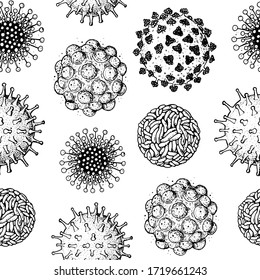 Coronavirus COVID-19 seamless pattern. Biology organisms background in vintage engraved style. Respiratory virus infection illustration. Hand drawn corona virus illustration