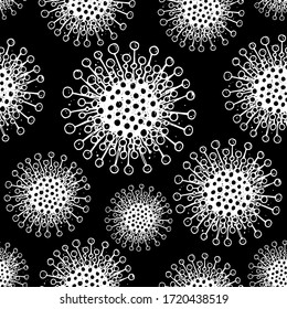 Coronavirus COVID-19 seamless pattern. Biology organisms background in vintage engraved style. Respiratory virus infection illustration. Hand drawn corona virus illustration