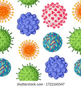 Coronavirus COVID-19 seamless pattern. Biology organisms background in cartoon style. Respiratory virus infection illustration. Hand drawn corona virus illustration