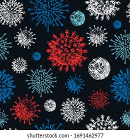 Coronavirus COVID-19 seamless pattern. Different kinds of viruses. Biology organisms backdrop in vintage engraved style. Respiratory virus infection background. Hand drawn corona virus illustration