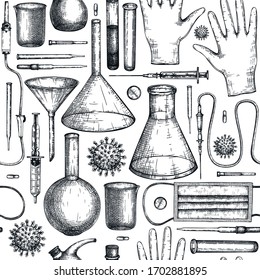 Coronavirus COVID-19 seamless pattern. Medicine equipment and protectors against corona virus or other infection. Hand drawn laboratory equipment sketches background. Realistic virus backdrop. 
