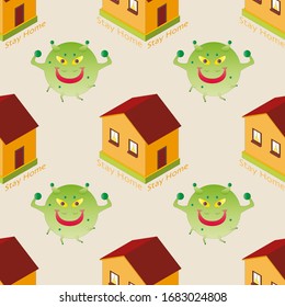 Coronavirus Covid-19 seamless pattern. Stay Home. 2019-nCoV vector pattern background. Quarantine concept. Dangerous green virus bacteria cartoon character. Self isolation from a pandemic.