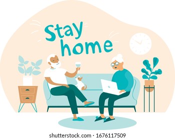 Coronavirus covid-19 self quarantine concept. Elderly senior couple staying at home. Man and woman sitting on couch working on laptop drinking wine.  Flat cartoon vector illustration