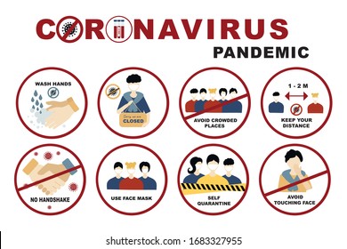 Coronavirus, covid-19 sign set No handshake and wash hands, Self quarantine and avoid crowded places, use face mask and  keep distance concept. Signs with people on the subject coronavirus