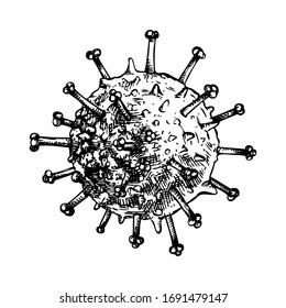 Coronavirus COVID-19 sketch. Biology organism hand drawn illustration. Respiratory pathogenic virus infection macro drawing. Corona virus in vintage engraved style. Realistic outline. 