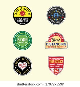
coronavirus covid-19 social distancing awareness logo lapel pin stickers t shirts badge quotes stock vector set designs symbol background template 