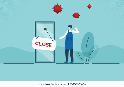 Coronavirus Or COVID-19 Social Distancing Impact On Entrepreneur Or Small Business Shop To Closed With Problem Of Employment, Sad Man Business Shop Owner With Closed Sign Because Virus. Vector Design.