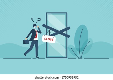 Coronavirus Or COVID-19 Social Distancing Impact On Entrepreneur Or Small Business Shop To Closed With Problem Of Employment, Sad Man Business Shop Owner With Closed Sign Because Virus. Vector Design.