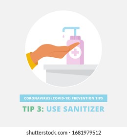 Coronavirus (COVID-19) spread prevention tips. Hand sanitizer. Hygiene product. Apply sanitizer to kill viruses and germs. Infographic flat vector illustration of a hand and a sanitizer bottle.