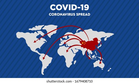 Coronavirus Covid-19 Spread with world maps from wuhan china. China pathogen respiratory coronavirus 2019-nCoV. Flu spreading of world, World map, arrows, floating influenza virus cells.