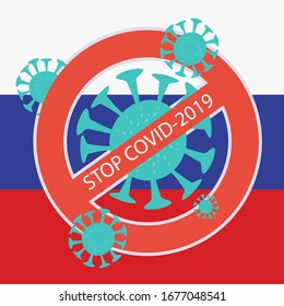 Coronavirus COVID-19 stop sign template with Russia flag background for social network, web. Banner for awareness and warning of the spread of the disease, symptoms or precautions. 