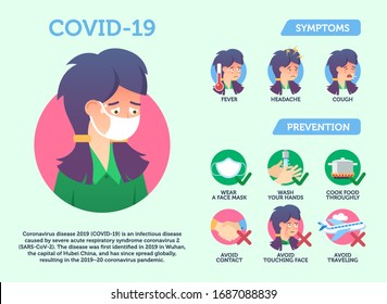 Coronavirus (COVID-19) symptoms and preventions. Infographics, sick girl, wear face mask, wash hands, eat hot foods and avoid going risk places. Vector illustration. Idea for coronavirus outbreak and 