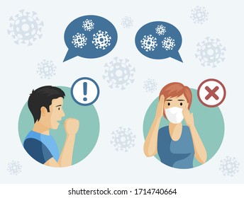 Coronavirus Covid-19 symptoms vector flat illustration. Man and woman fell ill with Coronavirus. If you have cough, sore throat, and temperature rise then call doctor.