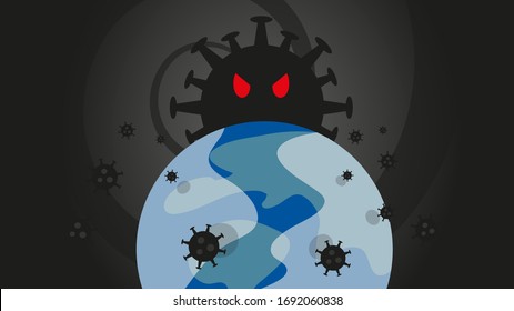 Coronavirus COVID-19 Takes Over The World. Conceptual Stylized Editorial Illustration Cartoon. Anthropomorphic  Virus With Evil Red Eyes Looking from Behind Earth in Dark Space. 16:9 widescreen mobile