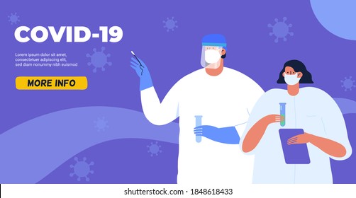 Coronavirus (COVID-19) test. Laboratory. DNA test by nasal (nose) swab probe, lab analysis. Cartoon Flat Vector Illustration.