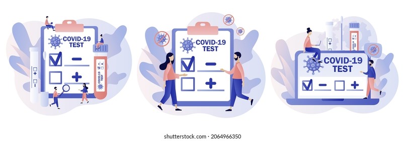 Prueba de Coronavirus Covid-19. Paciente que recibe la prueba rápida de Covid-19. Pequeño médico o enfermera haciendo la prueba de Coronavirus. Resultado de las pruebas positivas o negativas. Estilo moderno de dibujos animados planos. Ilustración del vector 