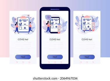 Coronavirus Covid-19 testing. Patient receiving Covid-19 rapid test. Positive or negative testing result. Screen template for mobile, smartphone app. Modern flat cartoon style. Vector illustration