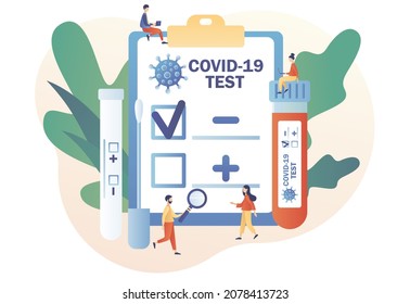 Coronavirus Covid-19 testing. Positive or negative testing result. Tiny doctor or nurse doing Coronavirus PCR test. Patient receiving Covid-19 rapid test. Modern flat cartoon style.Vector illustration