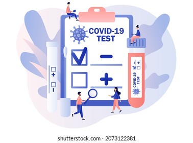 Coronavirus Covid-19 testing. Tiny doctor or nurse doing Coronavirus PCR test. Patient receiving Covid-19 rapid test. Positive or negative testing result. Modern flat cartoon style.Vector illustration
