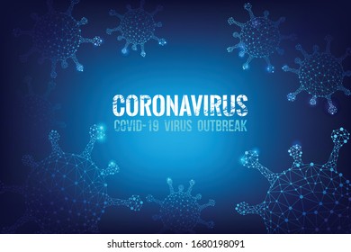 Coronavirus Covid-19 text outbreak with 3D wireframe virus cyber futuristic concept, Abstract background virus hazard vector illustration