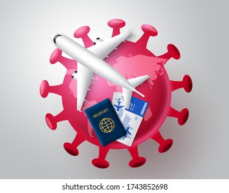 Coronavirus covid-19 travel flight cancellation vector concept. Red coronavirus covid-19 globe with airplane and ticket elements for global pandemic flight cancellations. Vector illustration.    