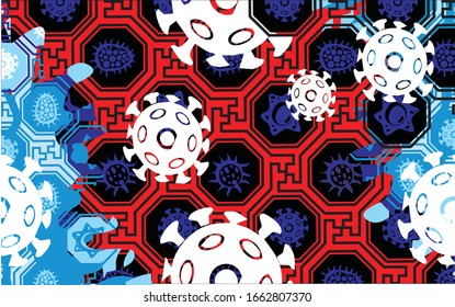 Coronavirus COVID-19 in a typical Indonesian batik motif. the wuhan virus from china. Vector illustration.