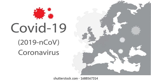 Coronavirus oder Covid-19 Typografie-Text, entworfen mit Virus-Symbolen und mit Europa-Karte abgedeckt. Covid-19 (Coronavirus) Vektorillustration für Banner.