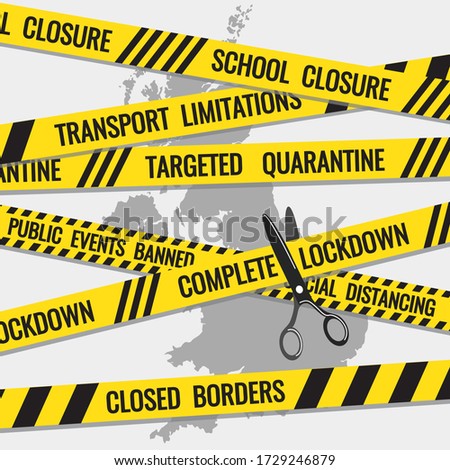 Coronavirus covid-19 UK lockdown exit strategy, scissors cut restriction stripes above British map. Pandemic measures warning tapes as symbol of exit plan stages, steps. Vector design, isolated.