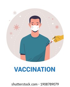 Coronavirus (COVID-19) Vaccination poster template. Vector modern illustration of a young adult man in face mask and a doctor's hand with a syringe. Isolated on background