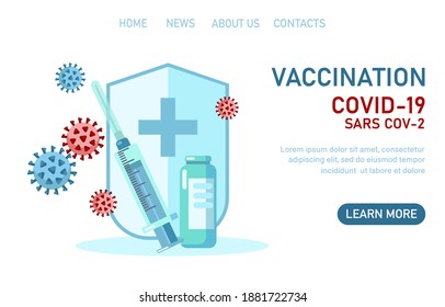 Coronavirus Covid-19 vaccination with vaccine bottle, syringe injection tool, shield for  immunization and treatment. Vector flat illustration. Vaccine conecpt  Landing page template for web design.