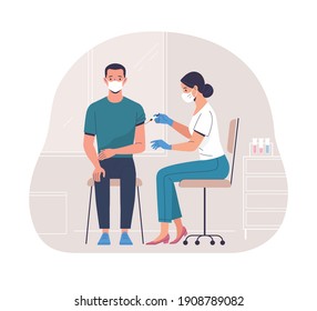 Coronavirus (COVID-19) Vaccination. Vector Modern Illustration Of A Young Adult Man And A Doctor With A Syringe. Isolated On Abstract Background