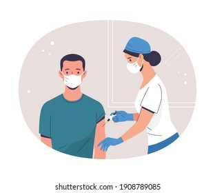 Coronavirus (COVID-19) Vaccination. Vector Modern Illustration Of A Young Adult Man And A Doctor With A Syringe. Isolated On Abstract Background