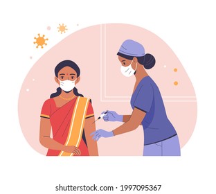 Coronavirus (COVID-19) Vaccination. Vector modern illustration of a young adult Indian woman in a red sari and a doctor with a syringe, making an injection. Isolated on abstract background