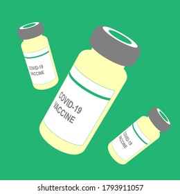 coronavirus, covid-19 vaccine container with label on a green background. Vector Illustration