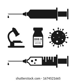 Coronavirus COVID-19 vaccine. Medical (syringe) icons. Global pandemic in need of a workable treatment and vaccination. Vector silhouette illustration isolated on white background.