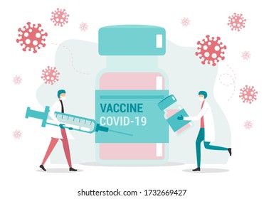 Coronavirus Covid-19 vaccine. Two doctors with white masker bring vaccine to heal disease caused by the Novel Coronavirus outbreak. Flat vector illustration.