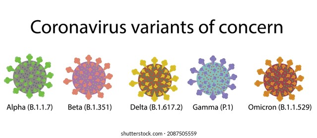 Coronavirus (Covid-19) variants of concern.Alpha, beta, gamma, delta and omicron.Corona virus flu.Illness epidemic and quarantine.Infographic.Vector illustration.Sign, symbol, icon or logo.