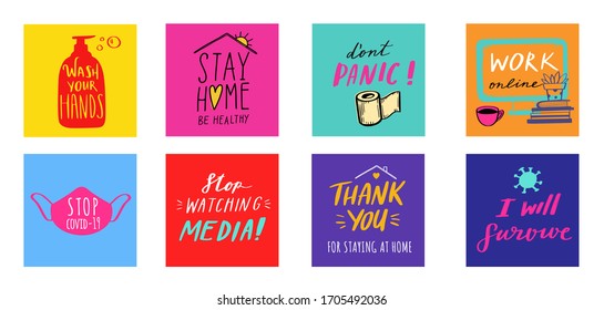 Coronavirus, Covid-19 vector hand drawn positive quotes set, Stay Home , dont panic, wash you hands, work online etc. Pandemic protection Lettering poster, calligraphy. Quarantine positive slogans