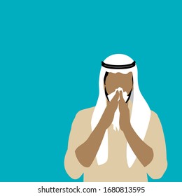 Coronavirus, covid-19. Vector illustration. Contagious Muslim sheikh man in thobe and ghutrah runny nose, cough, sneezing in tissue. Virus outbreak, worldwide disease, illness. flyer, banner, poster 