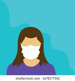 Coronavirus, covid-19. Vector illustration european, white, asian woman in white medical face mask. Protection. Contagious Sneezing people. Virus outbreak, pandemic, pneumonia disease. Poster, banner