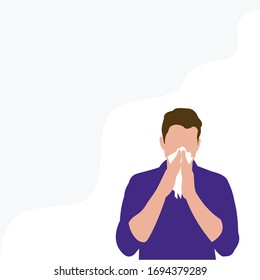 Coronavirus, covid-19. Vector illustration european, white, asian man covers sneeze. Prevent Respiratory Diseases. Covering mouth and nose with tissue coughing, 