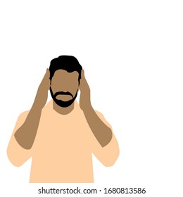 Coronavirus, covid-19. Vector illustration man rubbing head with hands, having headache, migraine. Cough, sneezing, sore throat symptoms. Muslim, Asian, European, African man. flyer, banner, postcard