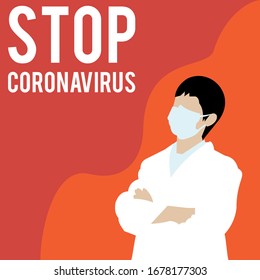 Coronavirus, covid-19. Vector illustration medic, doctor in white medical face mask. Protect. Stop coronavirus. Virus outbreak, pandemic, worldwide pneumonia disease, illness. Poster, website, banner