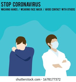 Coronavirus, covid-19. Vector illustration medic, doctor in white medical face mask. Protect. Contagious Sneezing man. Virus outbreak, pandemic, worldwide pneumonia disease. Poster, website, banner