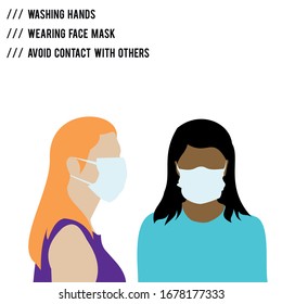 Coronavirus, covid-19. Vector illustration people in white medical face mask. White european woman, black woman. Protection. Contagious Sneezing people. Virus outbreak, pandemic, pneumonia 