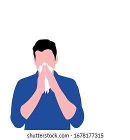 Coronavirus, Covid-19. Vector Illustration Sneezing, Runny Nose, Cough Symptoms. Contagious White Man, White Tissue. Virus Outbreak, Pandemic, Worldwide Disease, Illness. Poster, Website, Banner 